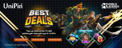 BEST DEALS! Top up Diamonds MLBB di UniPin, menangkan bonus diamonds + mulai dari starlight hingga epic limited skin MLBB!